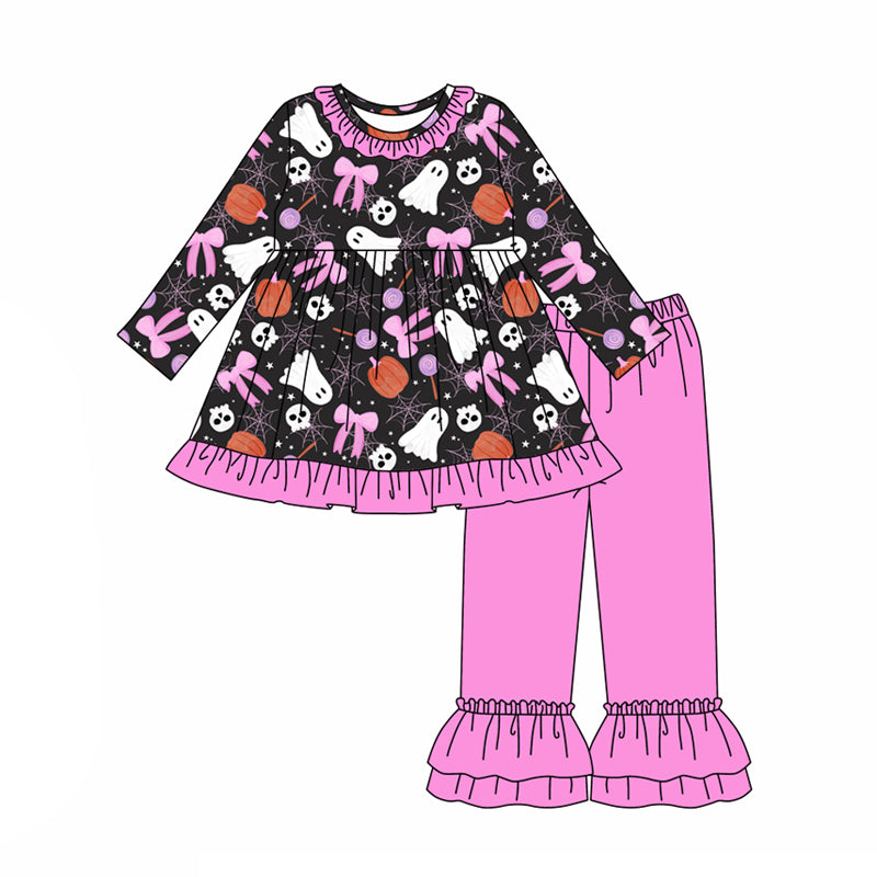 preorder(moq 5) Baby Girls Long Sleeves Bows Ghost Pumpkins Tunic Ruffle Pants Set
