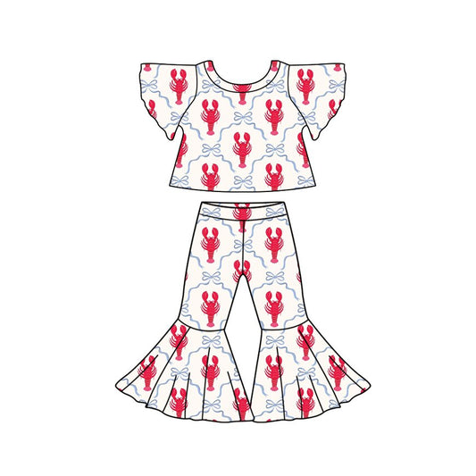 Preorder (moq 5)Baby Girls Bell Sleeve Bows Crayfishes Top Bell Bottom Pant Clothes Sets
