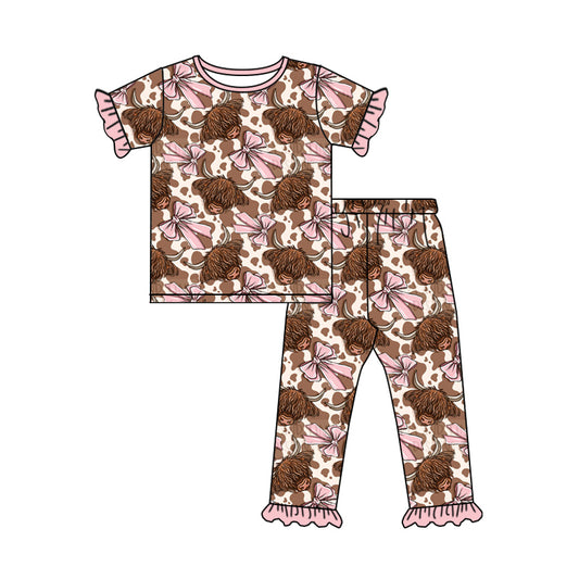 Preorder (moq 5)Baby Girls Pink Highland Cow Shirt Bows Pants Pajamas Clothes Sets