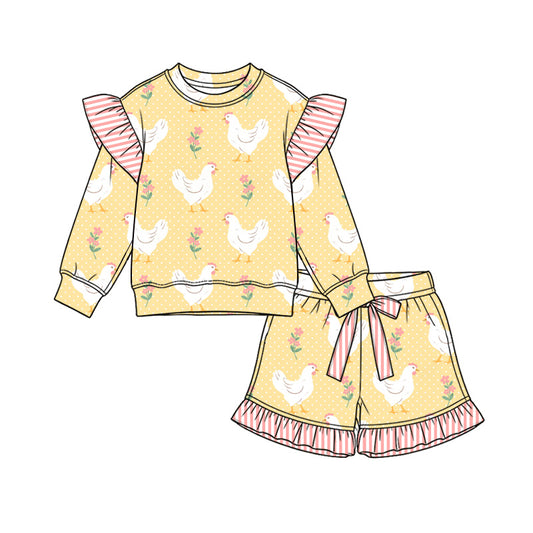 Preorder (moq 5) Baby Girl Clothes Farm Chicken Floral Polka Dot Print Long Sleeve Ruffle Top Ruffle Short Set