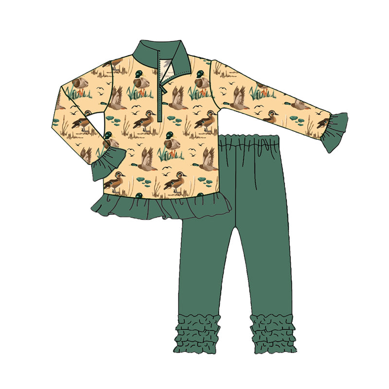 Preorder(moq 5) Baby Girls Ducks Zipper Pullovers Top Legging Pants Western Set