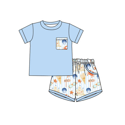 Preorder moq 5 Baby Boys Short Sleeve Shirt Top Sea World Pockets Short Clothes Set