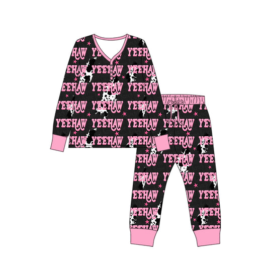 Preorder (moq 5)Baby Kids Long Sleeve Cow Print Lights Yeehaw Top Pants Western Pajamas Sets