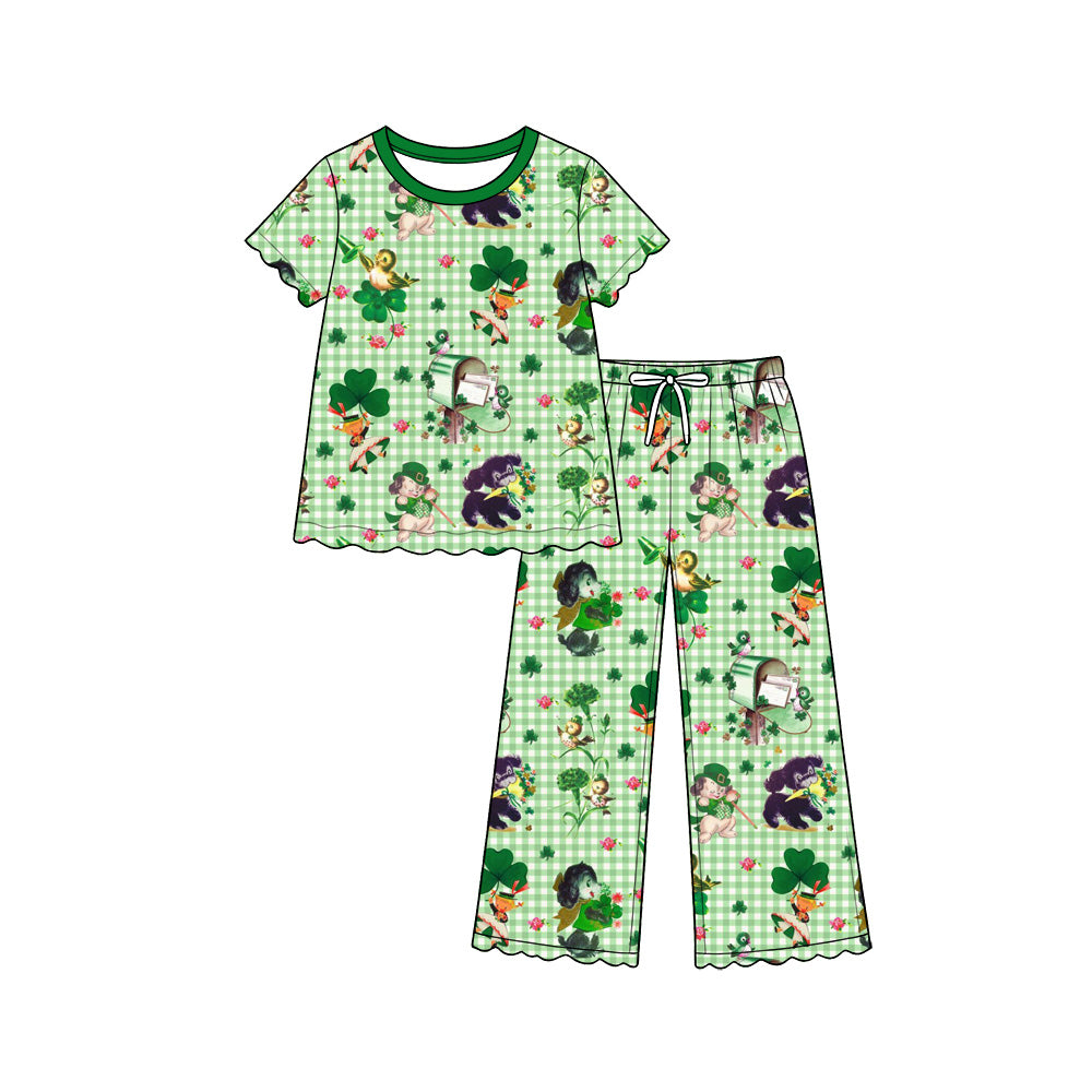 Preorder (moq 5) Baby Girl Clothes Vintage St Patrick Cartoon Gingham Print Short Sleeve Ruffle Top & Long Pant Set