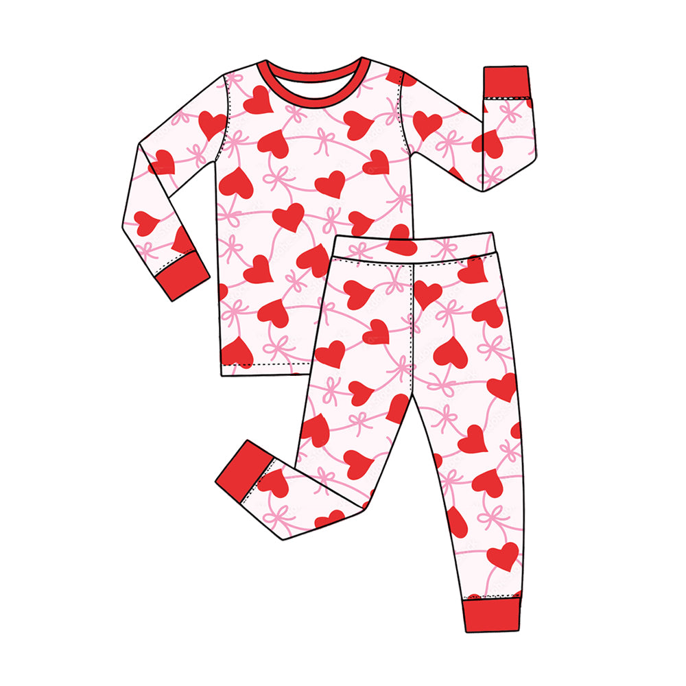 Preorder (moq 5) Baby Girl Clothes Valentine Red Heart Bow Print Long Sleeve Pajama Set