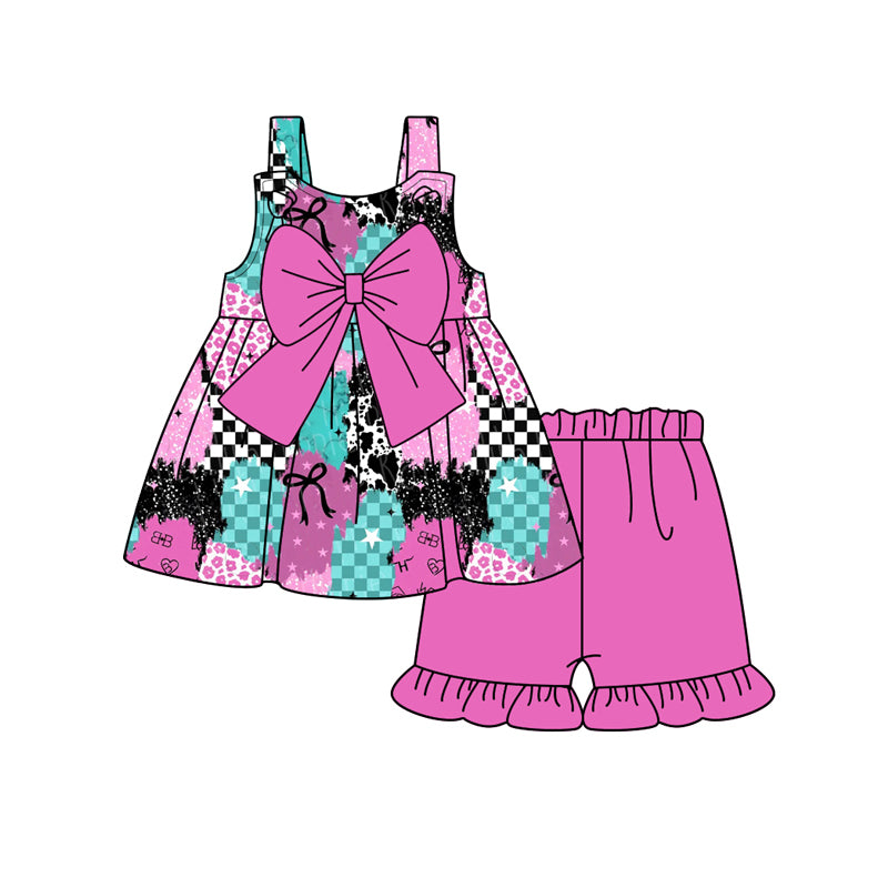 Preorder (moq 5)Baby Girls Western Leopard Bow Tunic Top Shorts Clothes Sets