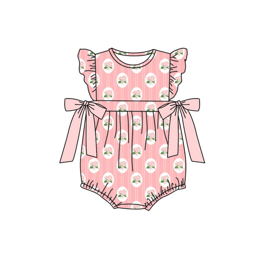 Preorder moq 5 Baby Girls Peach Flutter Sleeves Flowers Bows Ruffle Rompers