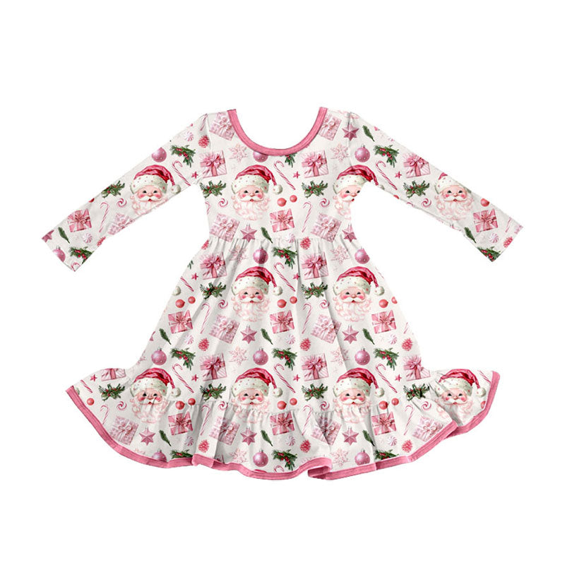 Preorder (moq 5)Baby Girls Pink Santa Lights Christmas Ruffle Knee Length Dresses