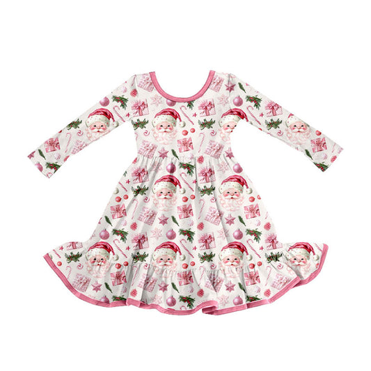 Preorder (moq 5)Baby Girls Pink Santa Lights Christmas Ruffle Knee Length Dresses