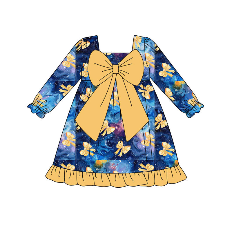 Preorder(moq 8)Baby Girls Yellow Bows Ruffle Knee Length Dresses