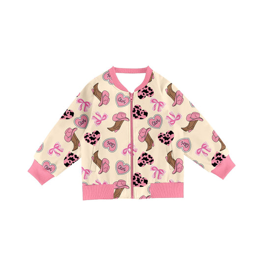 Preorder(moq 8)Baby Girls Long Sleeve Cow Print Hearts Boots Pockets Zip Jackets Top