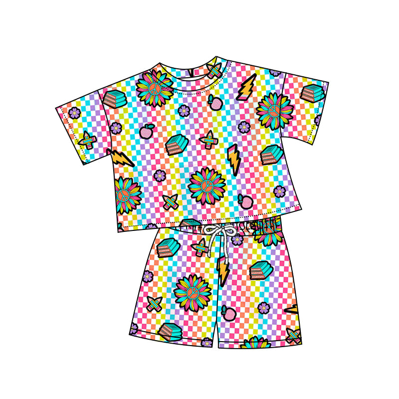 Preorder (moq 5)Baby Girls Apples Daisy Checked Top Shorts Back to School Clothes Sets