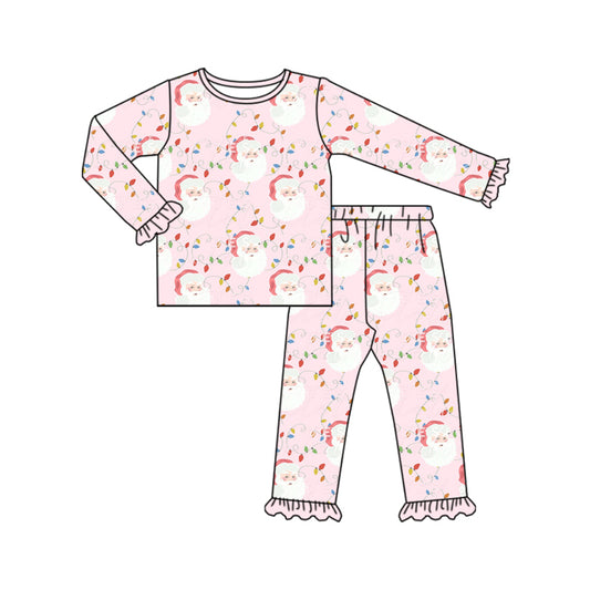 Preorder (moq 5)Baby Girls Long Sleeves Light Santa Plaid Top Ruffle Pant Pajamas Clothes Set