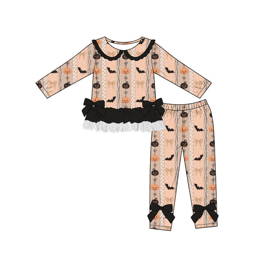 Preorder (moq 5)Baby Girls Ghost Pumpkins Bats Lace Ruffle Top Leggings Halloween Sets