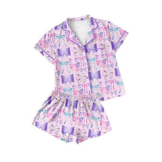 Preorder(moq 5)Adult Women Lavender Bows Singer Buttons Tee Shirts Shorts Pajamas Sets