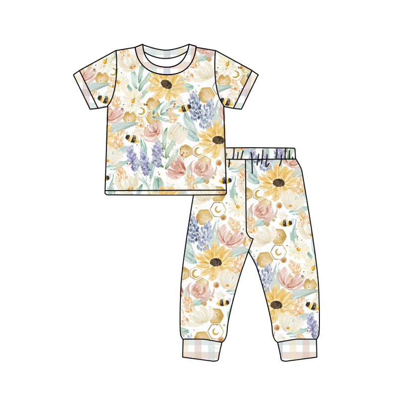 Baby Girls Spring Bee Kind Flowers Shirt Pants Pajamas Clothes Sets preorder(moq 5)