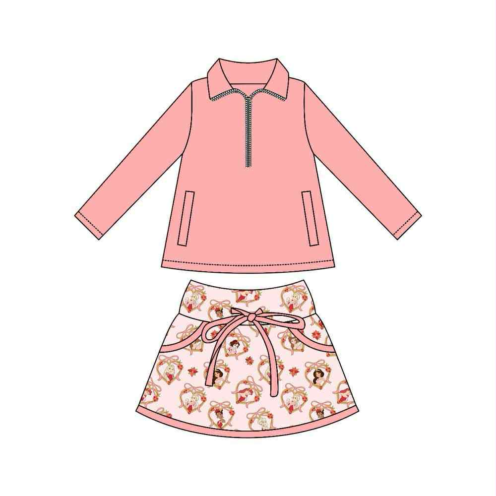 Preorder moq 8 Baby Girls Pink Pockets Zipper Pullovers Princesses Skirt Shorts Clothes Set