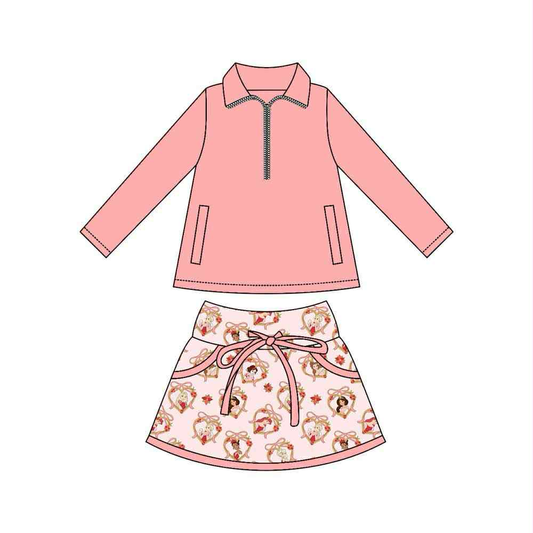 Preorder moq 8 Baby Girls Pink Pockets Zipper Pullovers Princesses Skirt Shorts Clothes Set