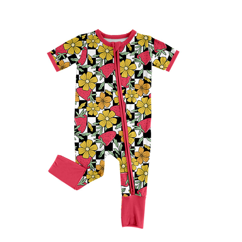 Baby Infant Girls Strawberry Flowers Black Checkered Zip Rompers preorder(moq 5)