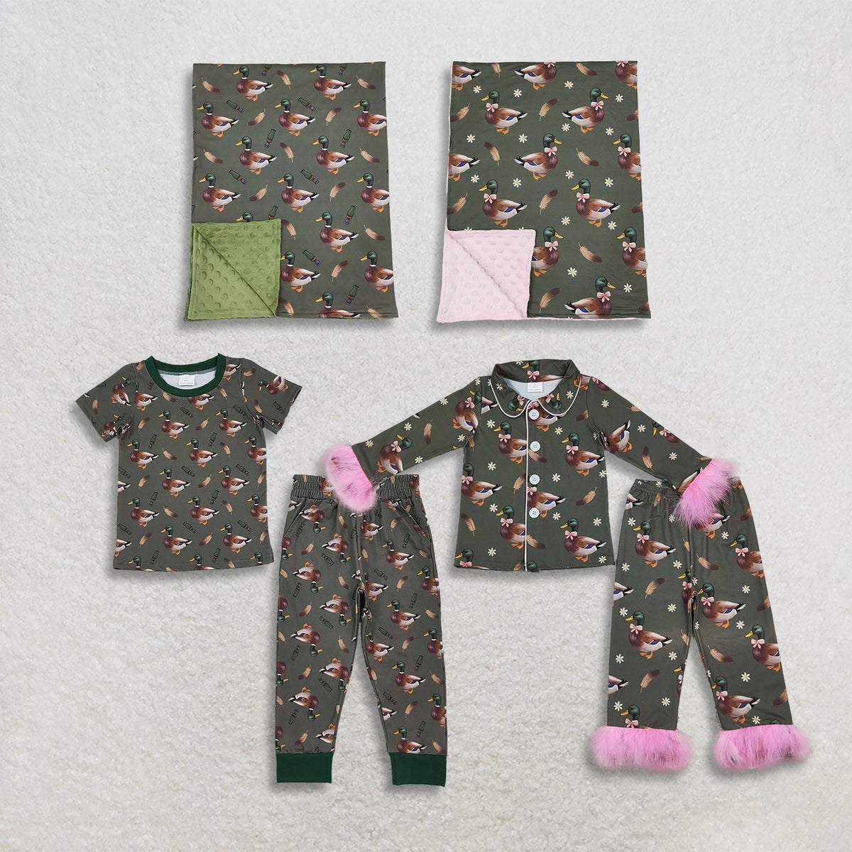 Sibling Baby Kids Ducks Calls Flowers Hunting Pajamas Sets Blanked