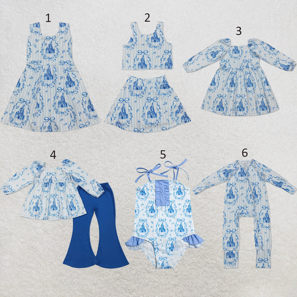 Sibling Baby Girls Blue Stripe Bows Castles Tunic Pant Set Dresses Rompers