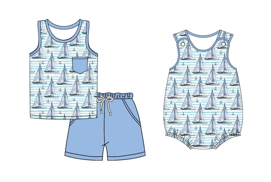 Preorder moq 5 Custom Baby Boys Blue Stripe Sleeveless Boats Pocket Top Short Set Rompers