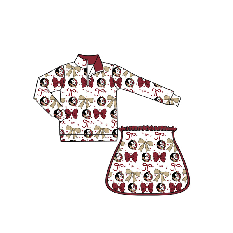 Preorder (moq 5)Baby Girls Red FSU Bows Team Zip Pullovers Skort Team Clothes Sets
