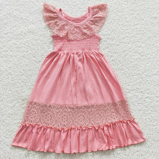 Preorder (moq 5)Baby Girls Peach Flutter Sleeves Lace Patchwork Knee Length Dress