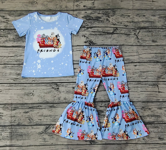 Baby Girls Short Sleeve Dog Friends Tee Top Flare Bell Pants Clothes Sets