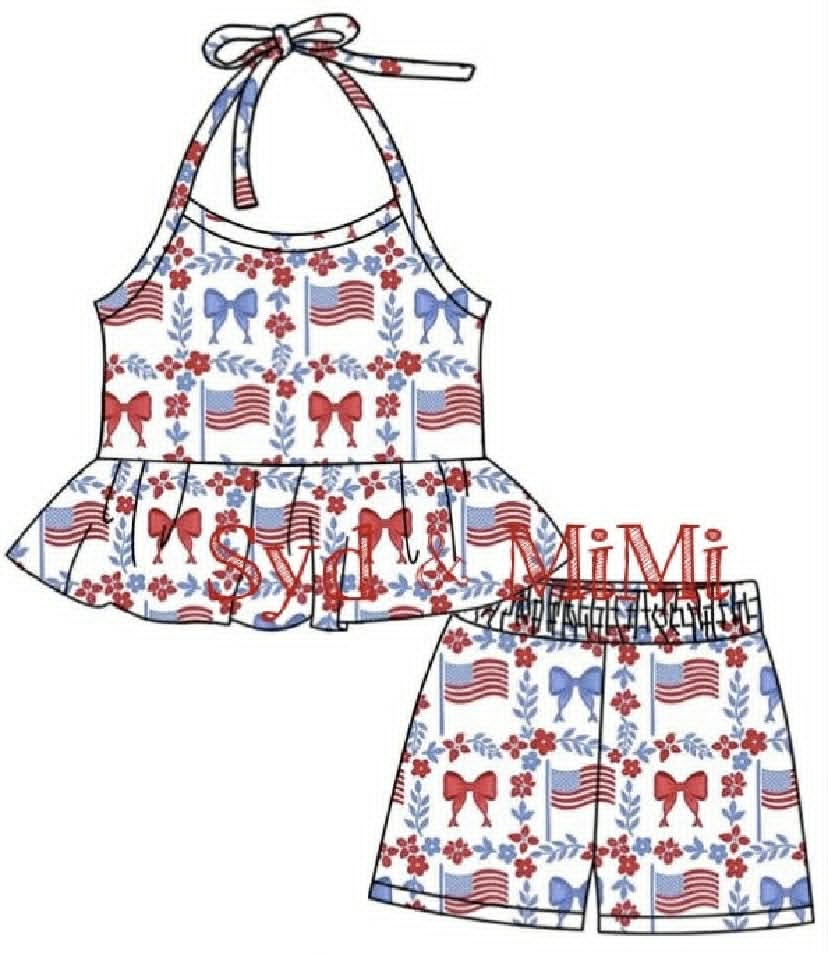 Preorder moq 5 Baby Girls Strap Flowers Bows Flags Tunic Short 4th of July Clothes Set