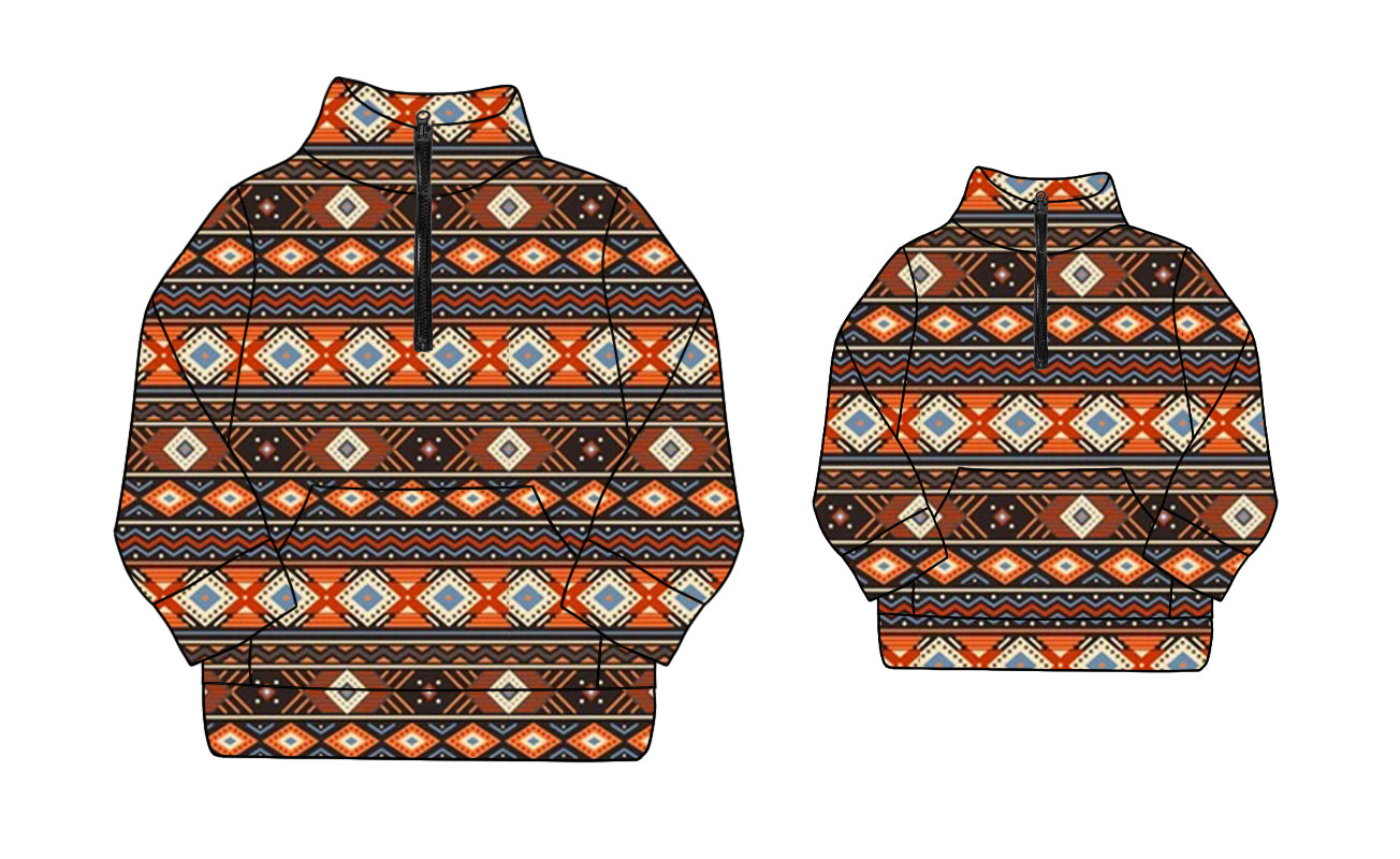Preorder(moq 5)Mama and Me Long Sleeves Aztec Pocket Zipper Pullovers Top