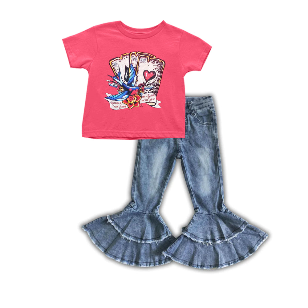 Baby Girls Red Valentines Tee Shirts Tops Navy Ruffle denim pants sets preorder(moq 5)