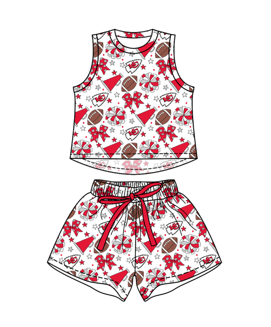 Preorder (moq 5)Baby Girls Sleeveless Footballs Bows Top Short Team Clothes Sets
