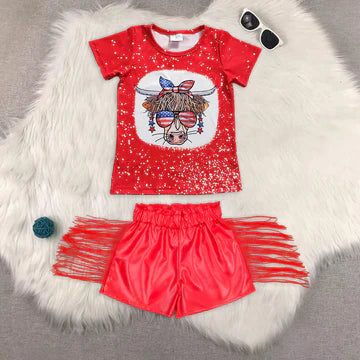 Baby Girls 4th of July Cow Tops Fringe Leather Shorts Outfits