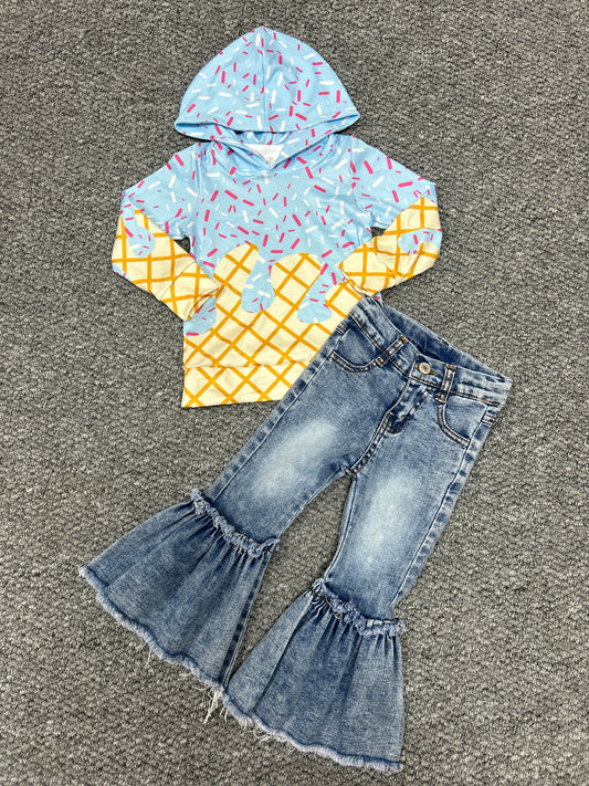 Baby Girls Light Blue Drip Hoodie Top Denim Bell Bottom Pants Team Sets
