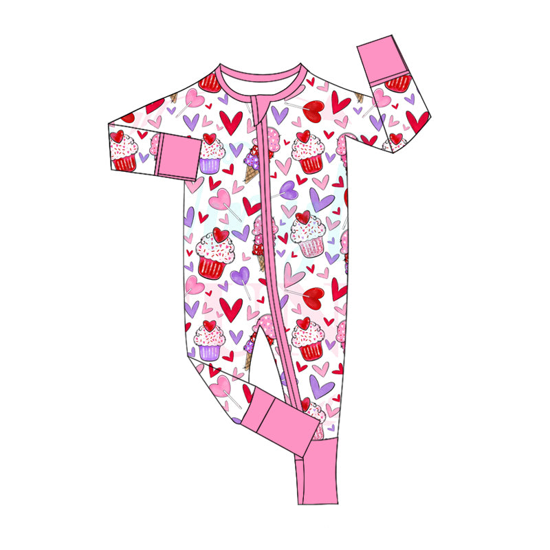 Baby Girls Valentines Cup Cakes Hearts Zip Rompers preorder(moq 5)