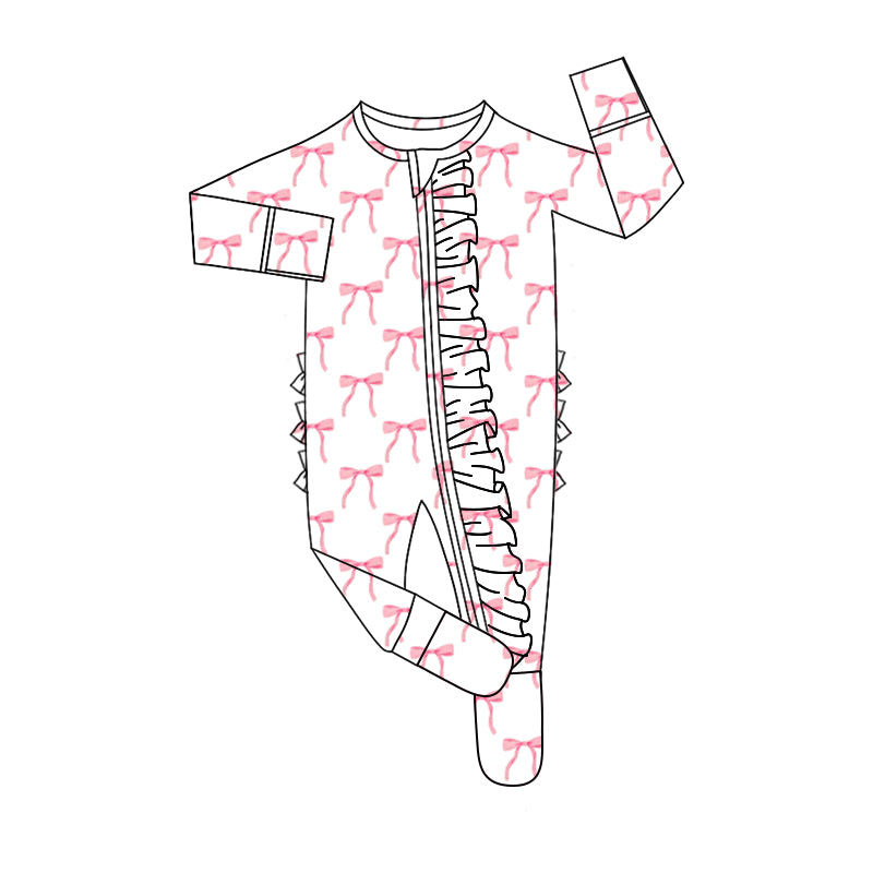 Preorder(moq 5)Baby Infant Girls Pink Bows Ruffles Zip Rompers
