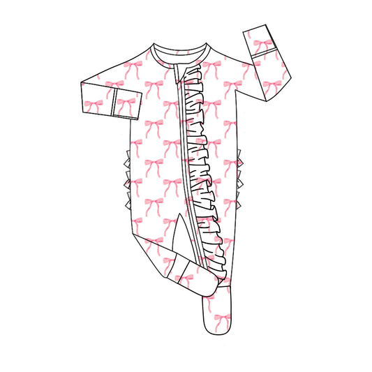 Preorder(moq 5)Baby Infant Girls Pink Bows Ruffles Zip Rompers