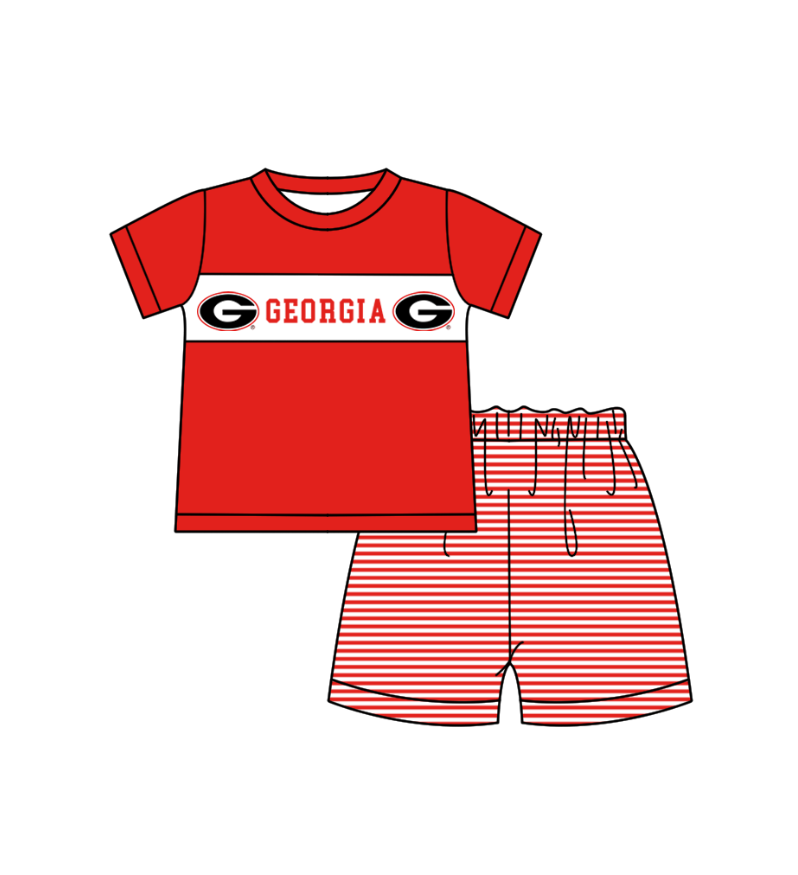 Preorder (moq 5)Baby Boys Red Short Sleeve Georgia Top Stripe Shorts Team Clothes Sets