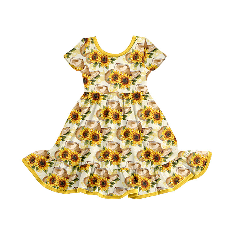 Baby Girls Hats Sunflowers Western Ruffle Knee Length Dresses Preorder(moq 5)