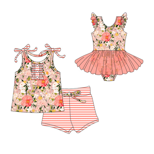 Preorder moq 5 Custom Baby Girls Peach Strap Floral Button Top Stripe Short Set Skort Bummise Romper