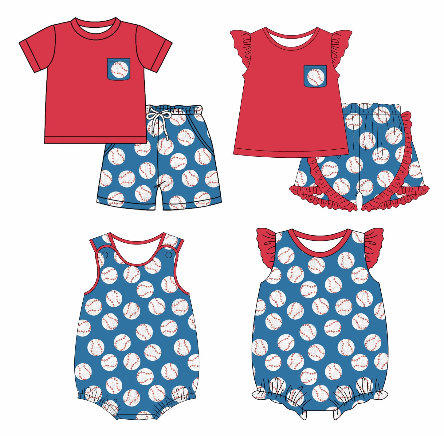 Preorder moq 5 Custom Baby Kids Red Button Pocket Baseballs Top Short Sets Rompers