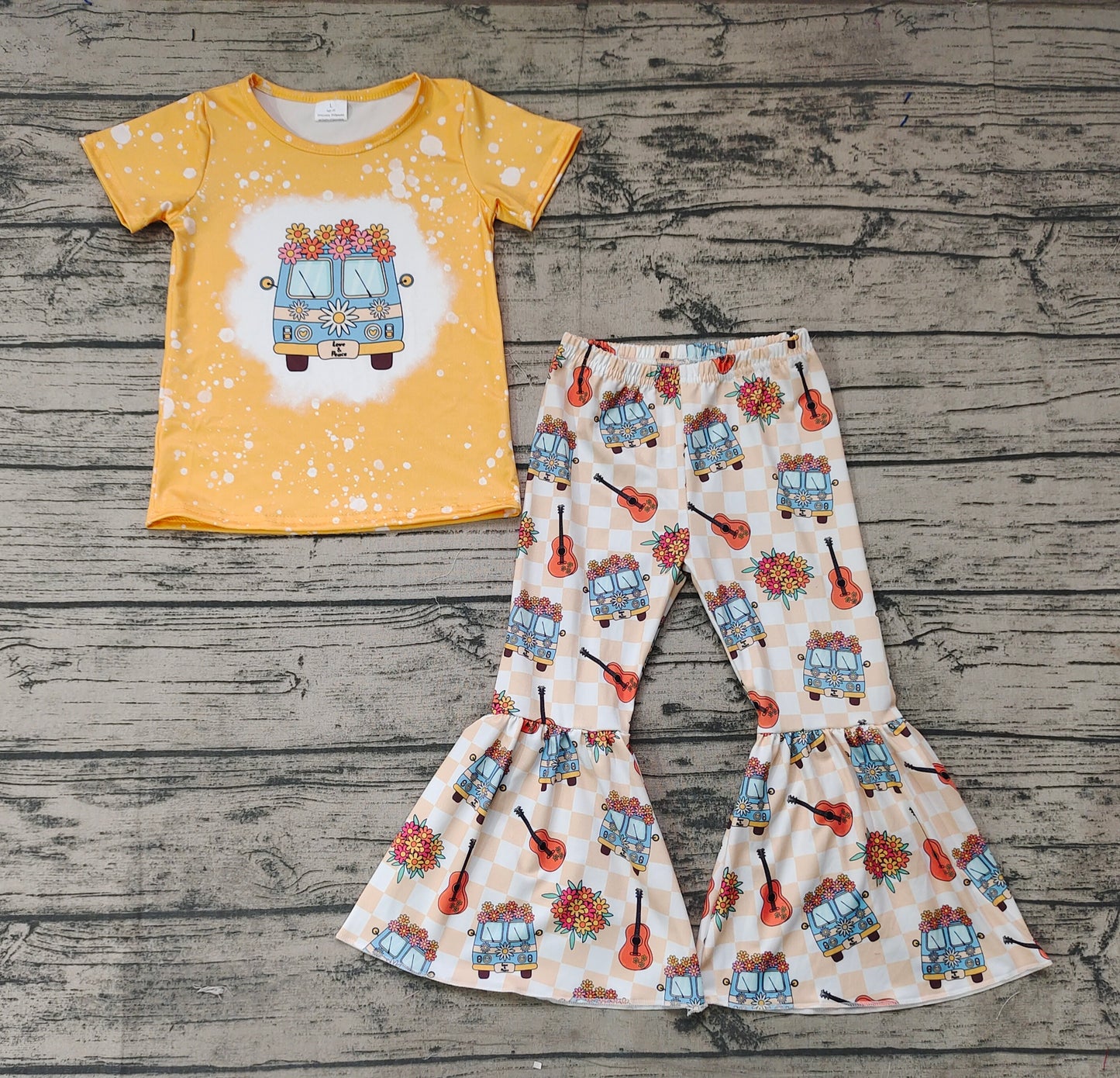 Baby Girls Flowers Guitar Bus Shirts Bell Pants Clothes Sets