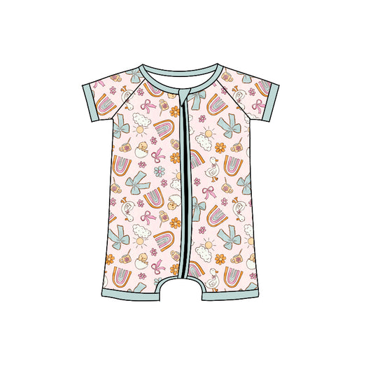 Preorder (moq 5)Baby Girls Gooses Rainbows Flowers Bows Zipper Shorts Rompers