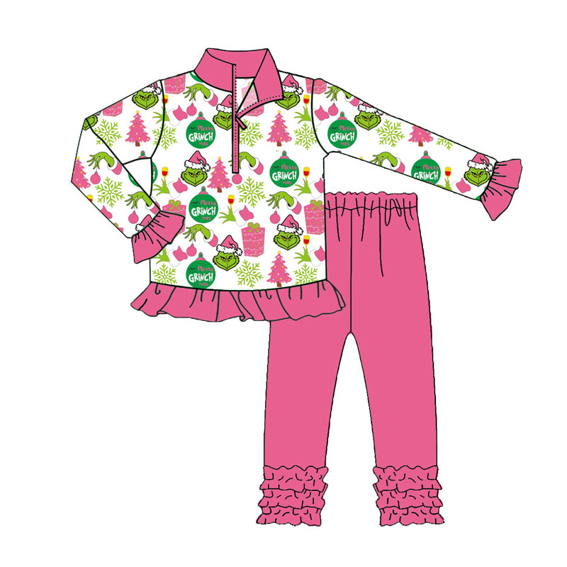 Preorder (moq 5)Baby Girls Green Faces Lights Zipper Pullovers Ruffle Leggings Christmas Set