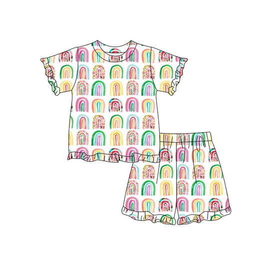 Preorder (moq 5)Baby Girls Short Sleeve Colorful Rainbows Top Ruffle Short Clothes Sets