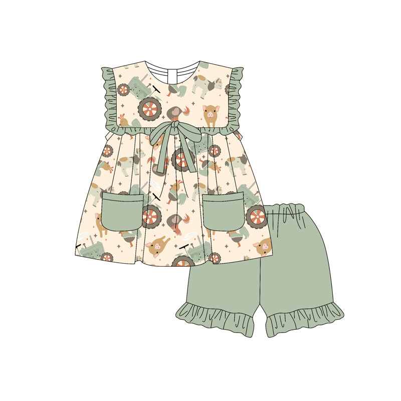 Preorder (moq 5)Baby Girls Green Sleeveless Chicks Pigs Pockets Tunic Ruffle Shorts Farm Set