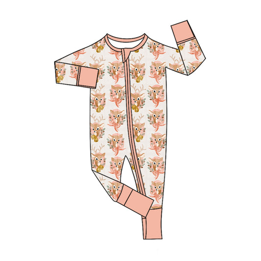 Preorder (moq 5)Baby Girls Pink Flowers Deer Christmas Two Way Zip Convertible Rompers