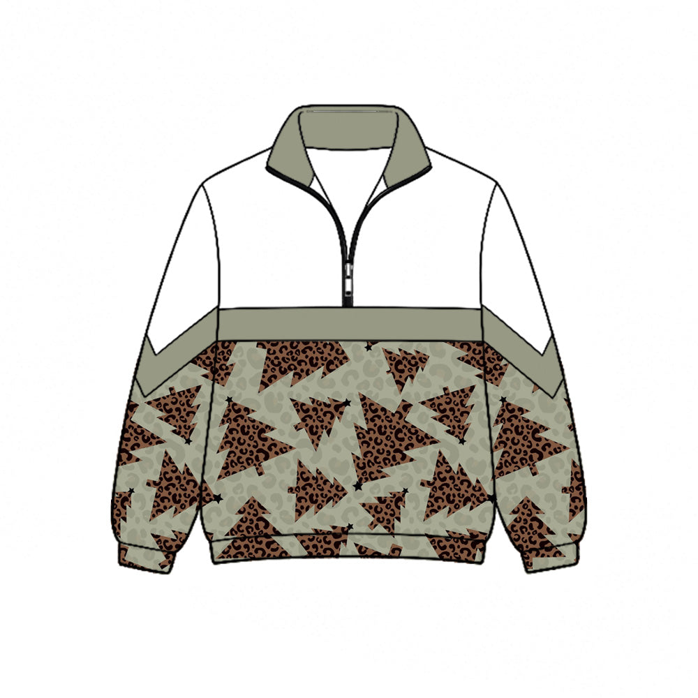Preorder (moq 5)Baby Girls Leopard Trees Christmas Zip Pullovers Top