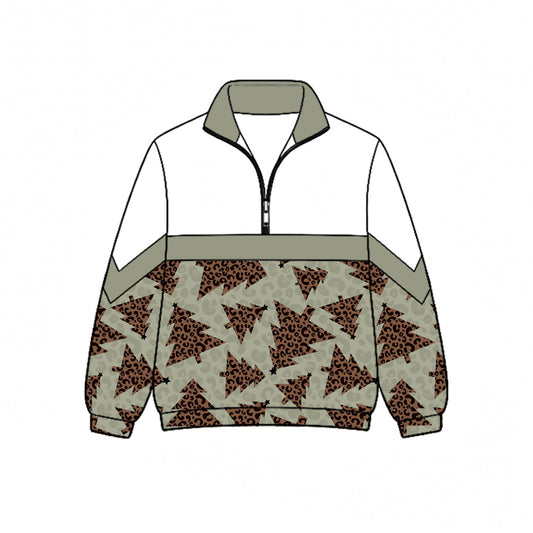 Preorder (moq 5)Baby Girls Leopard Trees Christmas Zip Pullovers Top